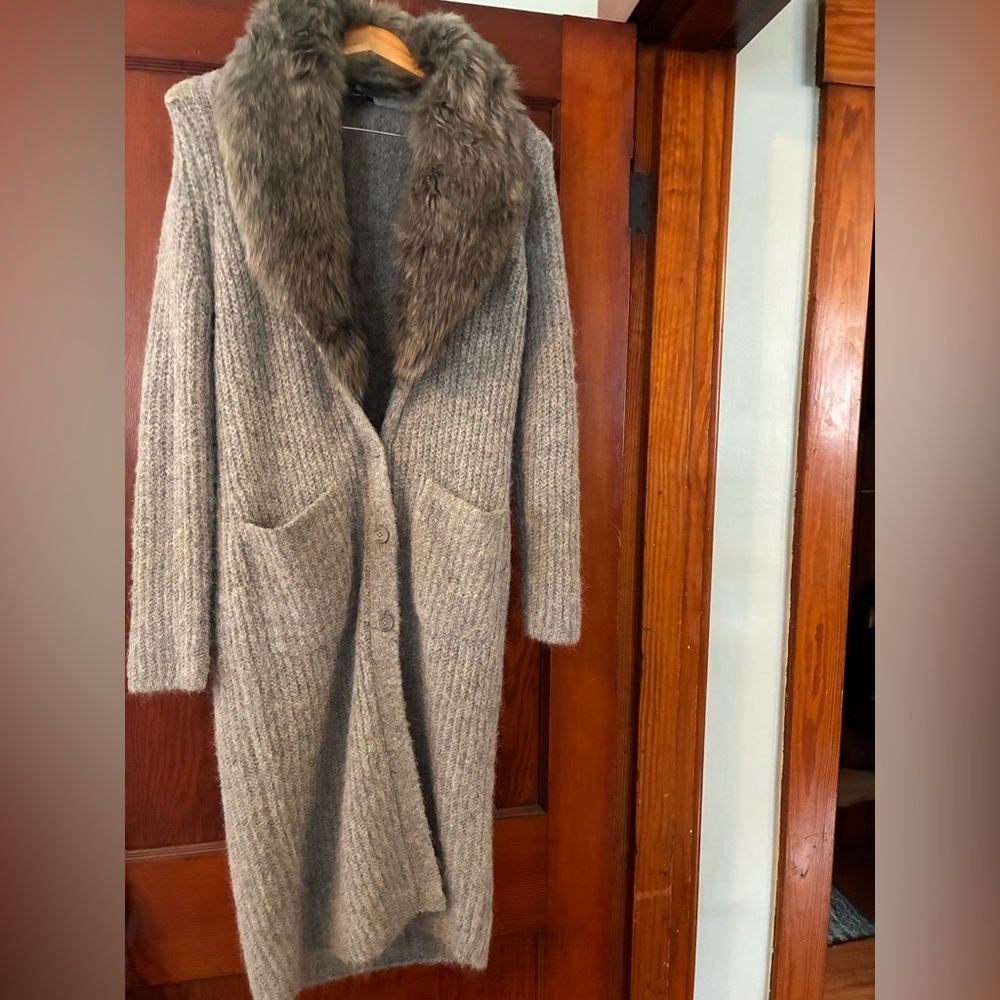 Express Gray Knit Cardigan with Faux Fur